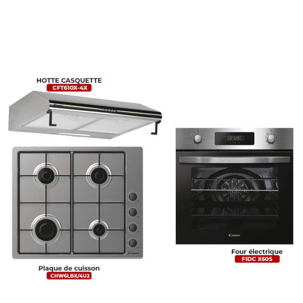 Pack Encastrable Candy Four électrique FIDC X605 + Plaque de cuisson CHW6LBX/4U2 + HOTTE CASQUETTE  CFT610X-4X en Inox