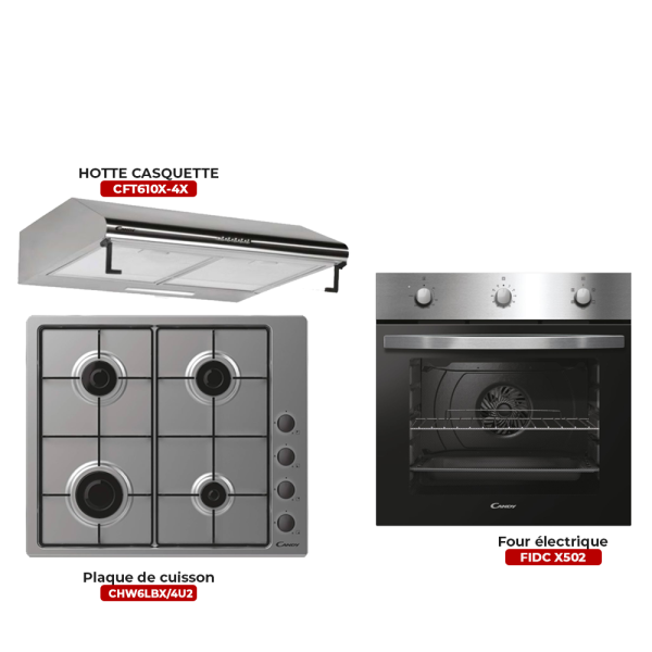 Pack Encastrable Candy Four électrique FIDC X605 + Plaque de cuisson CHW6LBX/4U2 + HOTTE CASQUETTE  CFT610X-4X en Inox