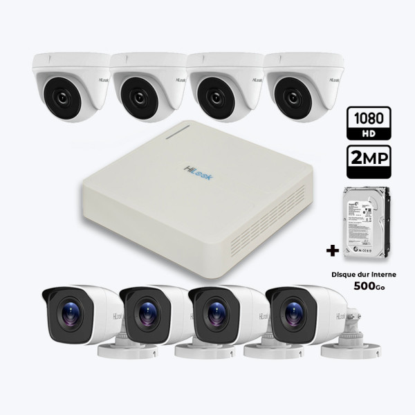 Pack 8 caméras de surveillance Hilook + DVR 8 + Disque dur 500 Go
