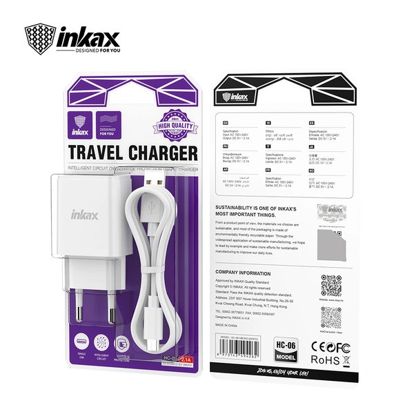 Chargeur INKAX HC 06 USB 2.1A +cable TYPE C MICRO