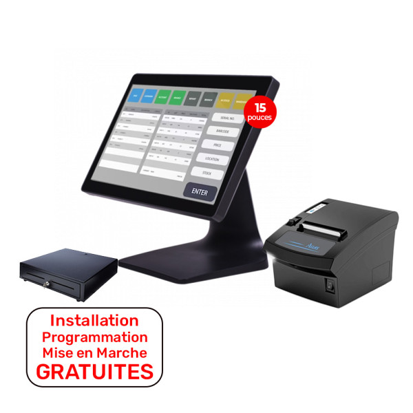 Pack caisse tactile VE-1500+Imprimante de ticket Aclas PP7X+Tiroir RJ-11+ logiciel