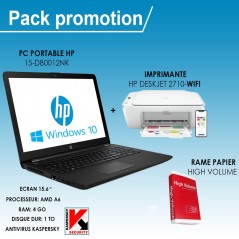 Pack Promo Pc Hp + Imprimante Hp 2710 + Kaspersky Internet 2021 et Rame Papier Gratuit