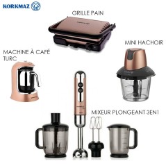 Pack Promo Petits électro Korkmaz Machine à café, Mini Hachoir, Mixeur plongeant 3en1 et Grille pain