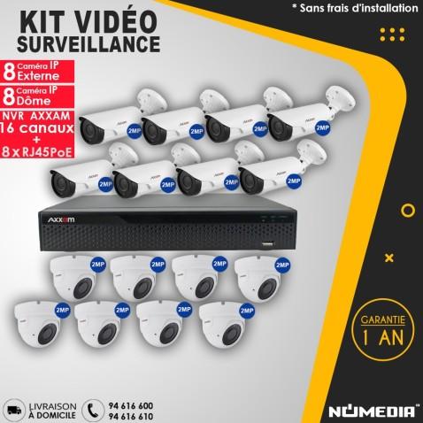 Kit Vidéo Surveillance AXXAM à 16 Caméras IP 2MP IR 40m et NVR 8 Canaux + 8 RJ45 POE