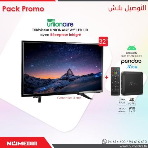 Pack Promo Téléviseur Unionaire 32 Pouces LED HD + Box TV Android X96Q