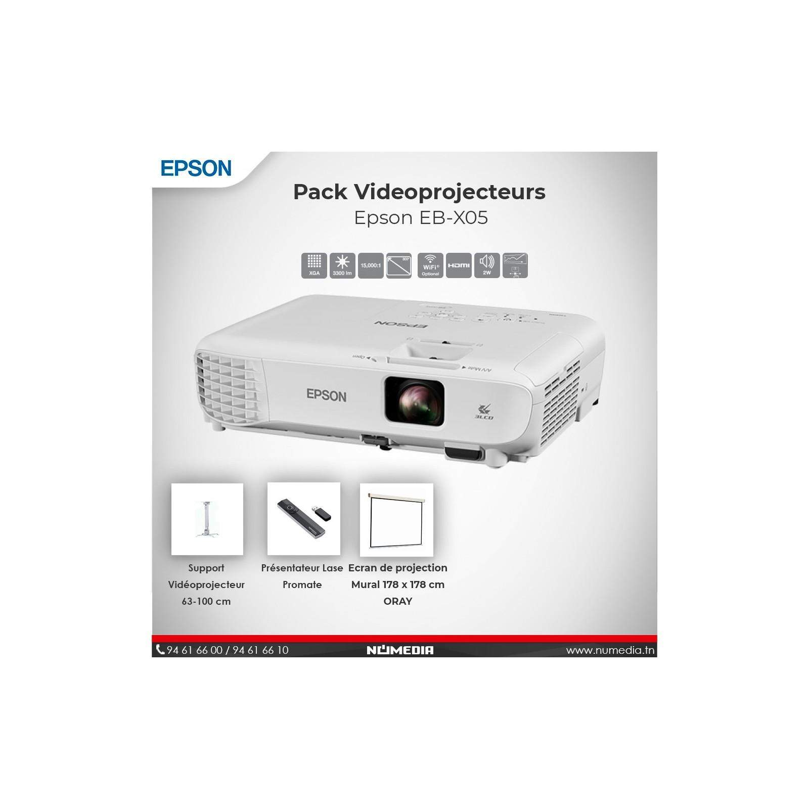 Pack Vidéo Projecteur Epson EB-X05, Pointeur, Ecran de projection Mural + Support Plafond Pack Vidéo Projecteur Epson EB-X05, Pointeur, Ecran de projection Mural + Support Plafond