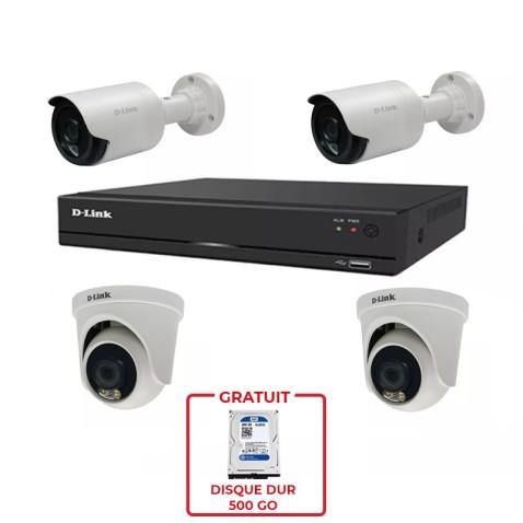 Kit Vidéosurveillance D-Link HD 4 Caméras ColorVu 2MP + DVR, ensemble complet