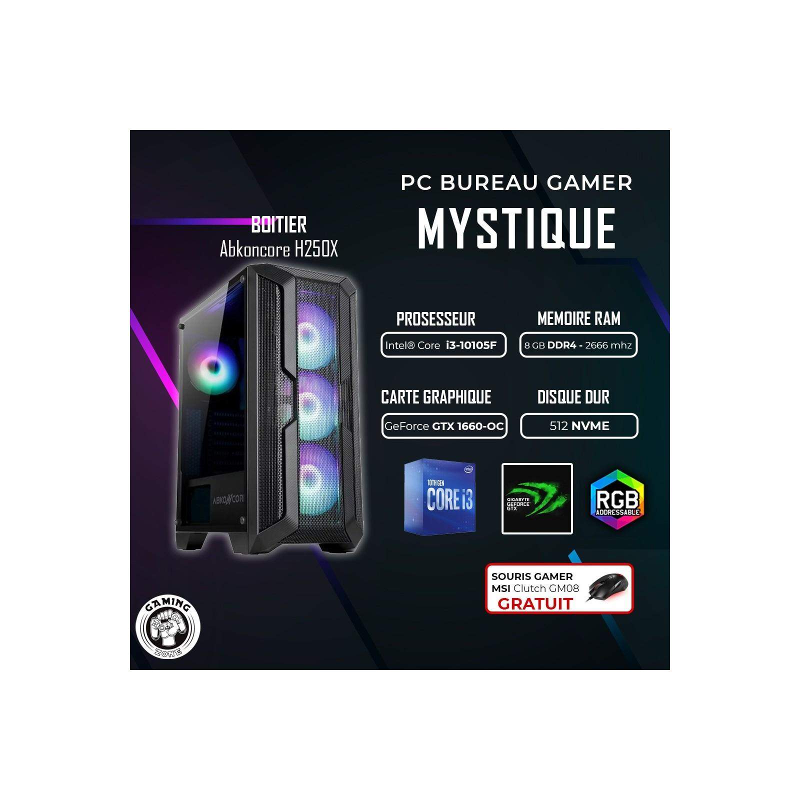 PC de bureau Gamer Mystique, i3-10105F Ram 8 Go 512 SSD NVME GTX 1660 6GB PC de bureau Gamer Mystique, i3-10105F Ram 8 Go 512 SSD NVME GTX 1660 6GB