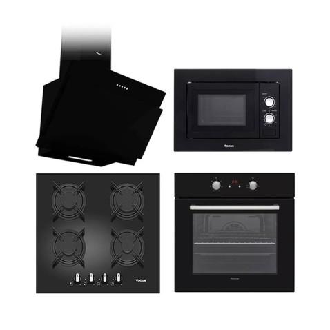 Pack Encastrable de Focus Four F521B, Plaque F409B, Hotte F620B et Micro Ondes F23B en Noir