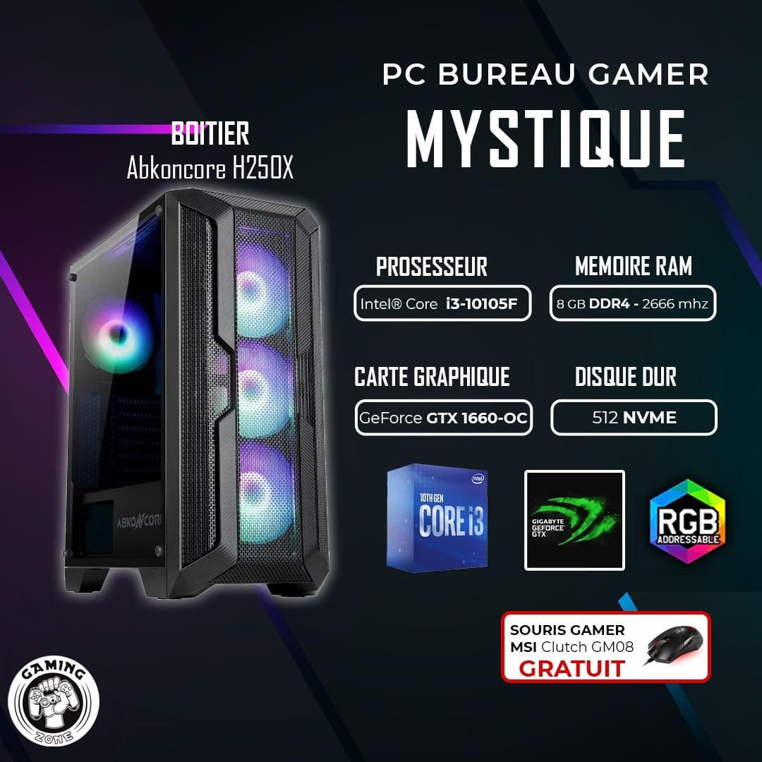PC de bureau Gamer Mystique i3-10105F Ram 8 Go 512 SSD NVME GTX 1660 6GB
