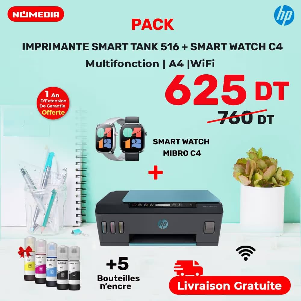 Pack imprimante HP SMART TANK 516 3YW70A+ SMARTWATCH Mibro C4